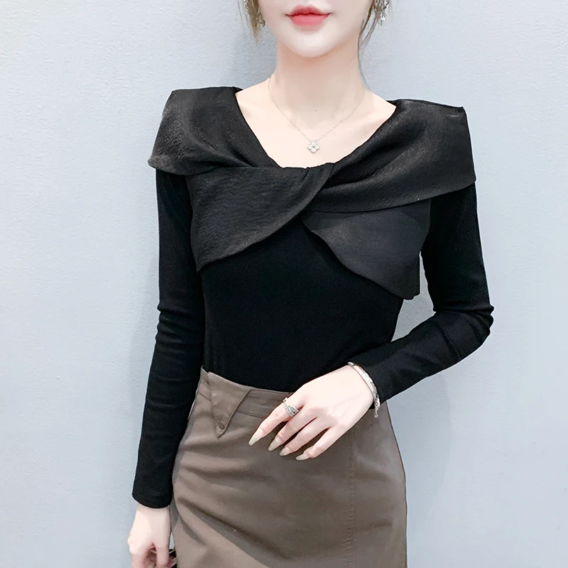 

Элегантная французская хлопковая футболка с длинными рукавами для женщин: шикарная блузка весны/осени 2025 года для молодежного и тонкого образа