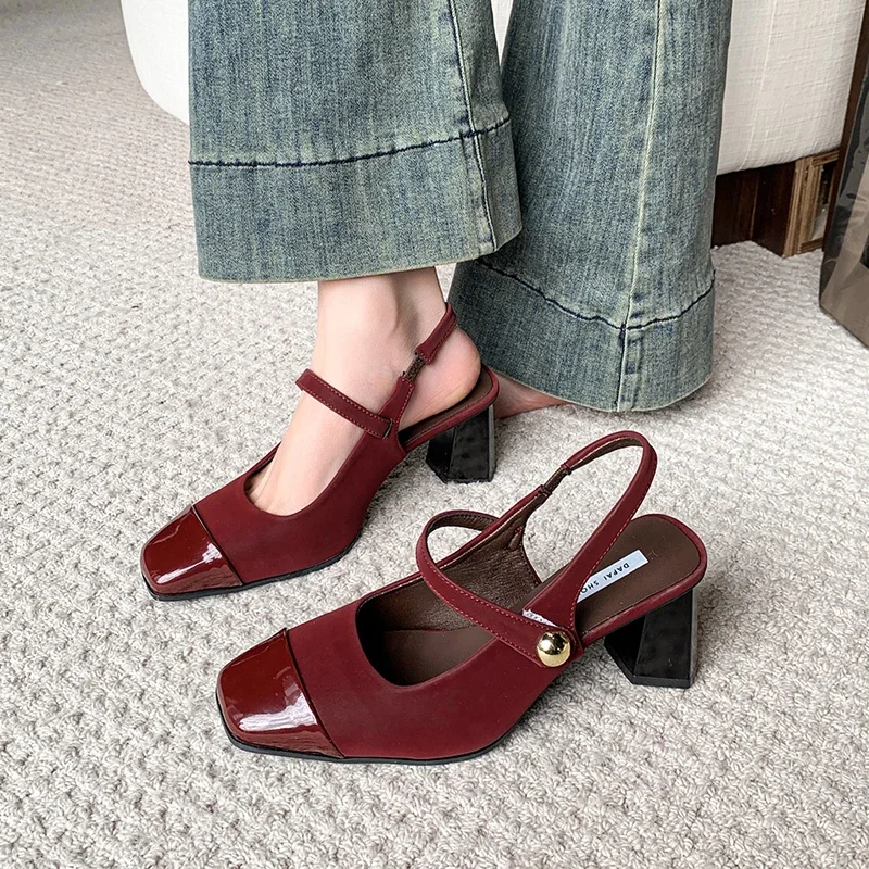 

Pop 2025 Summer New Elegant Square Head Half Bag Ladies Fashion Narrow Band Slingback Ladies All Vintage High-heeled Sandals