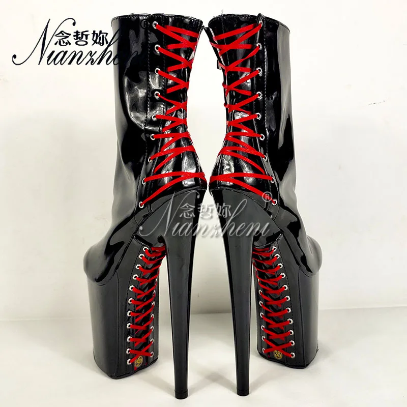 Nightclub 20cm Ankle Boots Gothic 8Inch Round Toe Platform Black Shiny Stripper Heels Sexy Women Shoes Exotic Models Crossdresse