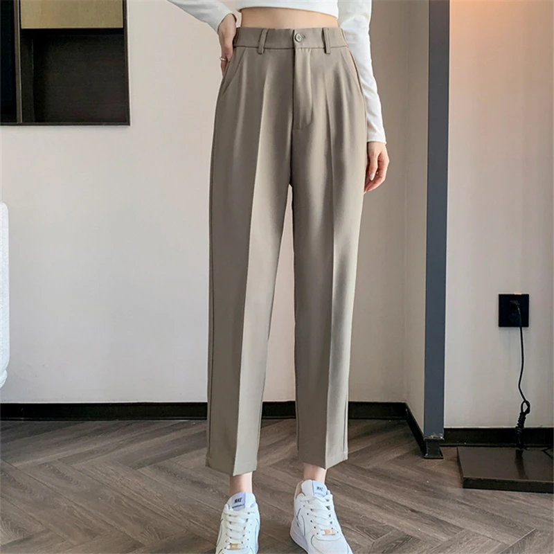 Women\'s High-Waisted Suit Pants 2024 Spring Summer Solid Button Casual Loose Ankle-Length Khaki Workwear Trousers Women