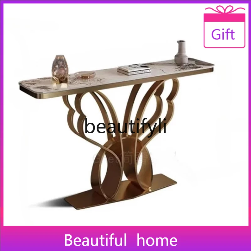

Modern Light Luxury Stainless Steel Long Strip Entryway Table Hallway Wall-Mounted Strip Case Modern Rock Plate End View Table