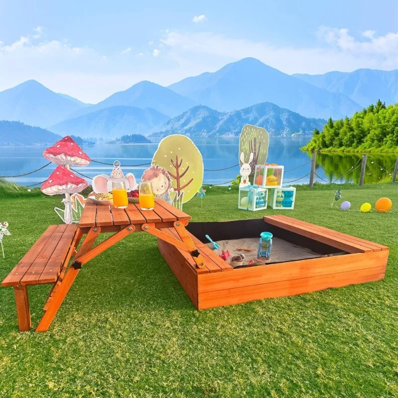 Holz-Sandkasten für Kinder mit Deckel und Abdeckung Outdoor-Sandkiste mit Picknicktisch Bodeneinlage Garten-Spielausrüstung für Alle Altersgruppen