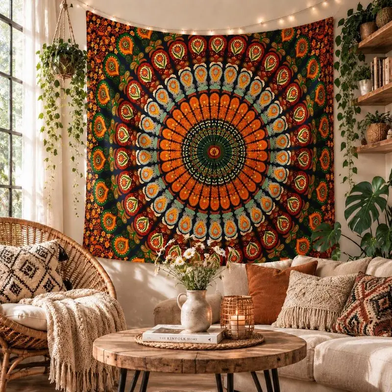 VIKAMA Orange Green Peacock Mandala Wall Tapestry Black Background Center Feather Pattern Ethnic Tribal Boho Chic Decor Indoor
