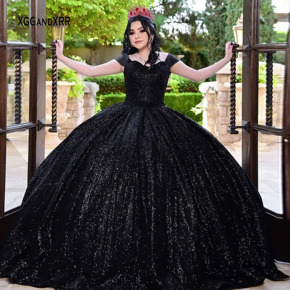 Maßgeschneiderte schwarze Quinceanera-Kleider 2024, glitzernde Nachtkönigin, schulterfrei, herzförmiger Schnür-Ballkleid, Vestidos de 15 Años 2025