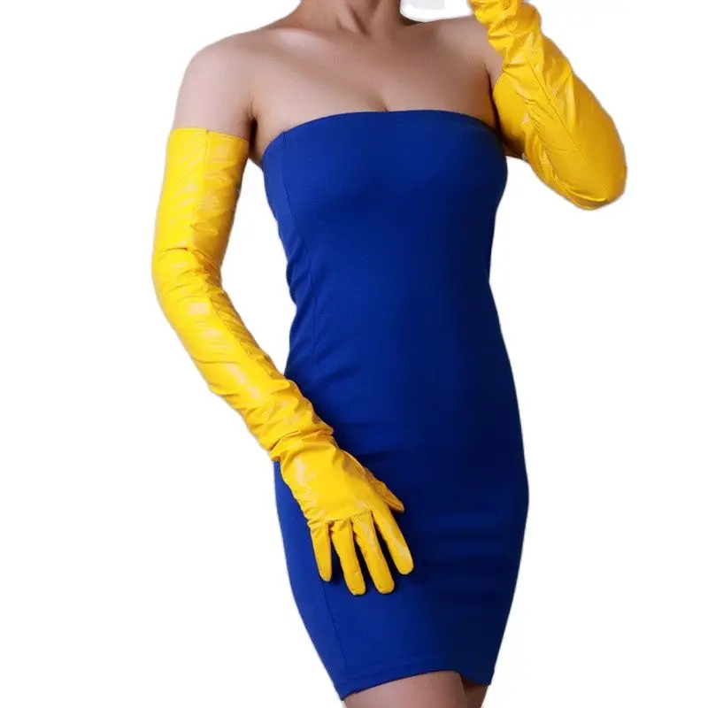 

Extra Long Patent Leather Gloves Female 70cm Imitation Sheepskin Faux Leather Mirror Bright Yellow Women PU Gloves HPU61