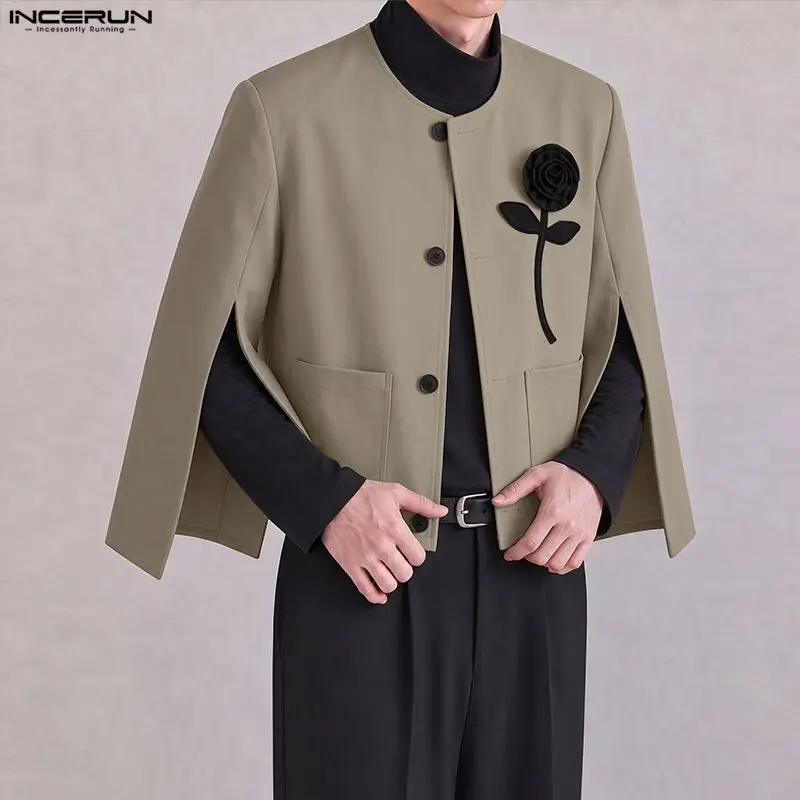 INCERUN Men's Blazer Flower Patchwork Split Long Sleeve Button Male Suits Streetwear Pockets Fashion Casual Blazer For Man 2026