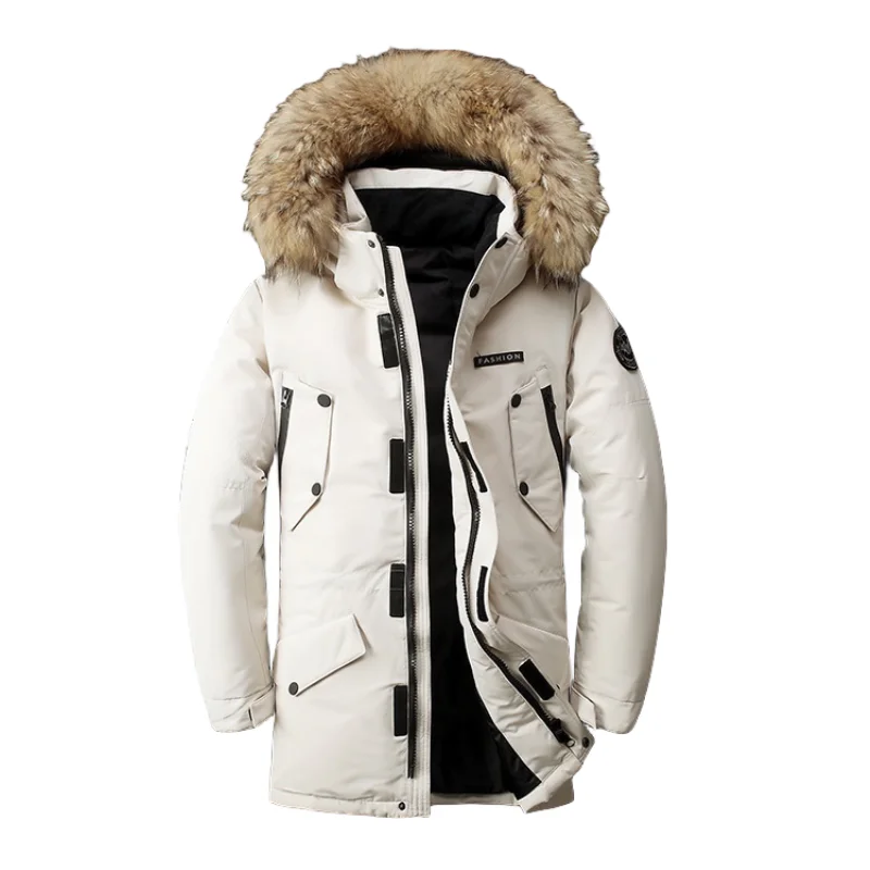 New Men\'s Thickened White Duck Down Coat Mid-length Winter Outerwear with Detachable Fur Collar for Fashionable Look