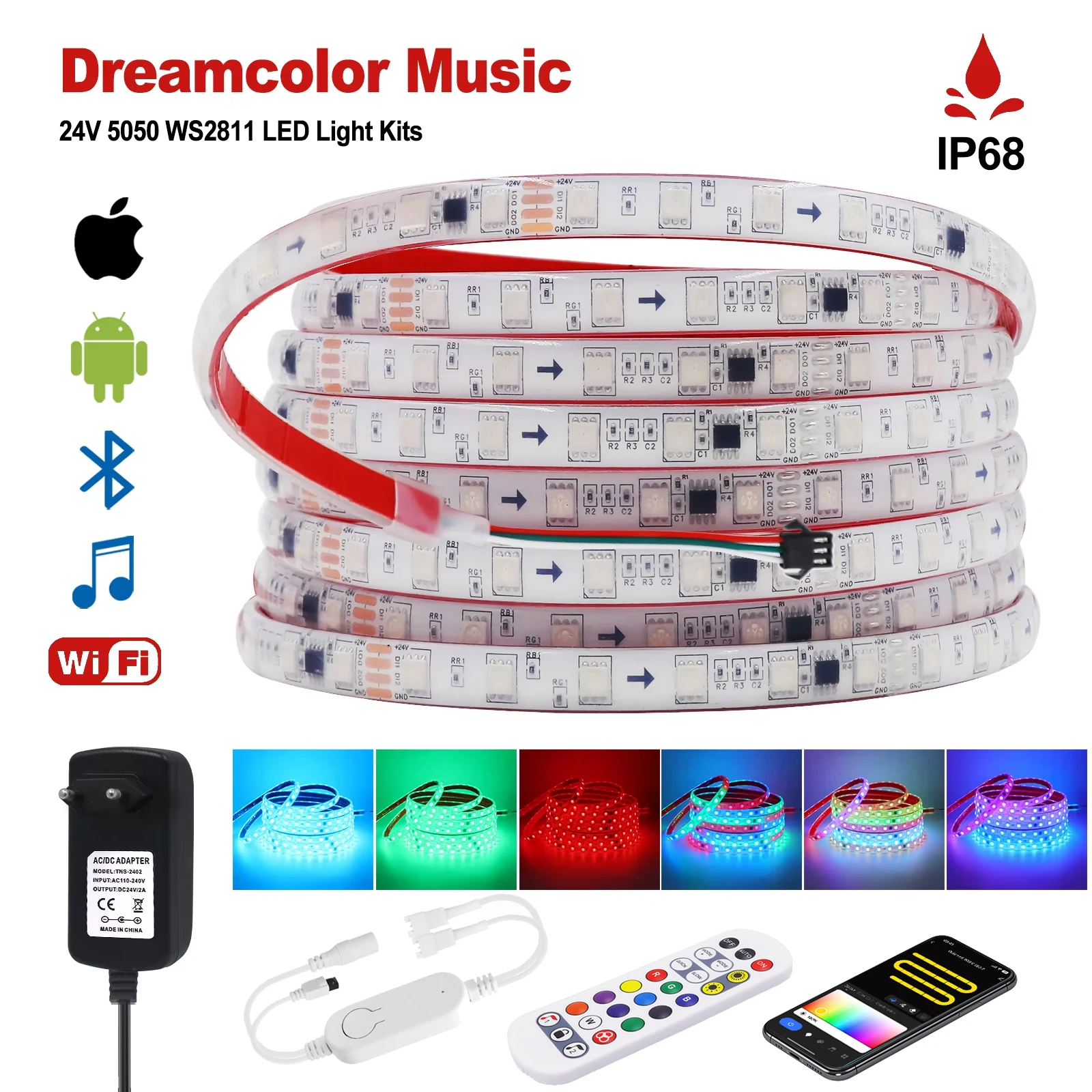 Tuya Wifi WS2811 5050 RGB Smart LED Strip IP68 24V Bluetooth 60LEDs Individually Addressable Pixels LED Light with Adhesive