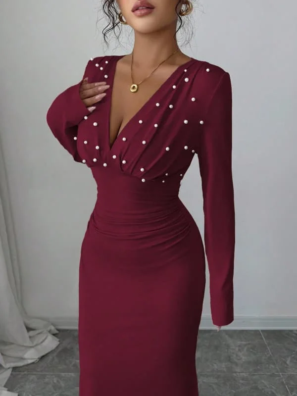 Krismile Women's 2026 Elegant Evening Dress Deep V-Neck Pearl Bodycon Wine Red Formal Party Cocktail Sexy Chic Woman Maxi Dress
