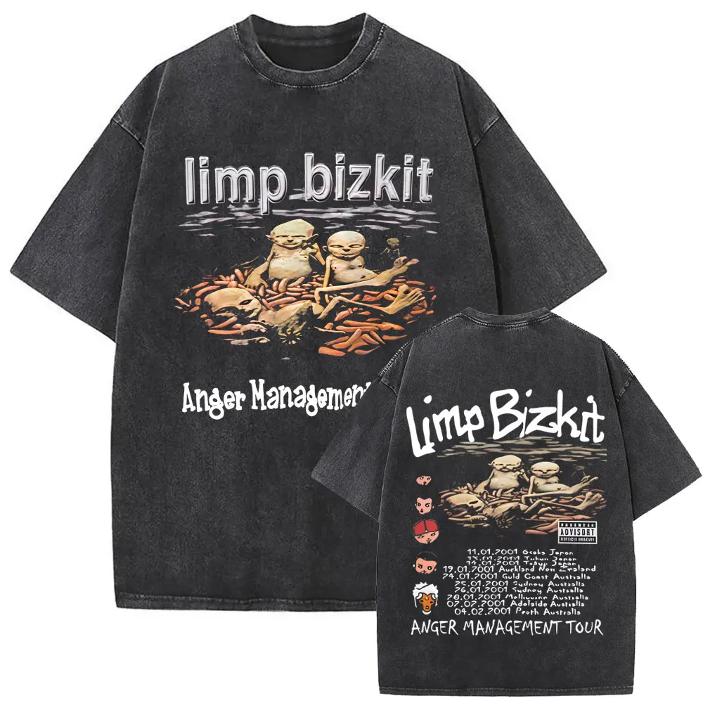 

90s Rock Band Limp Bizkit Anger Management Tour Vintage Washed T-shirt Men Women Casual Cotton Retro T Shirts Streetwear Unisex