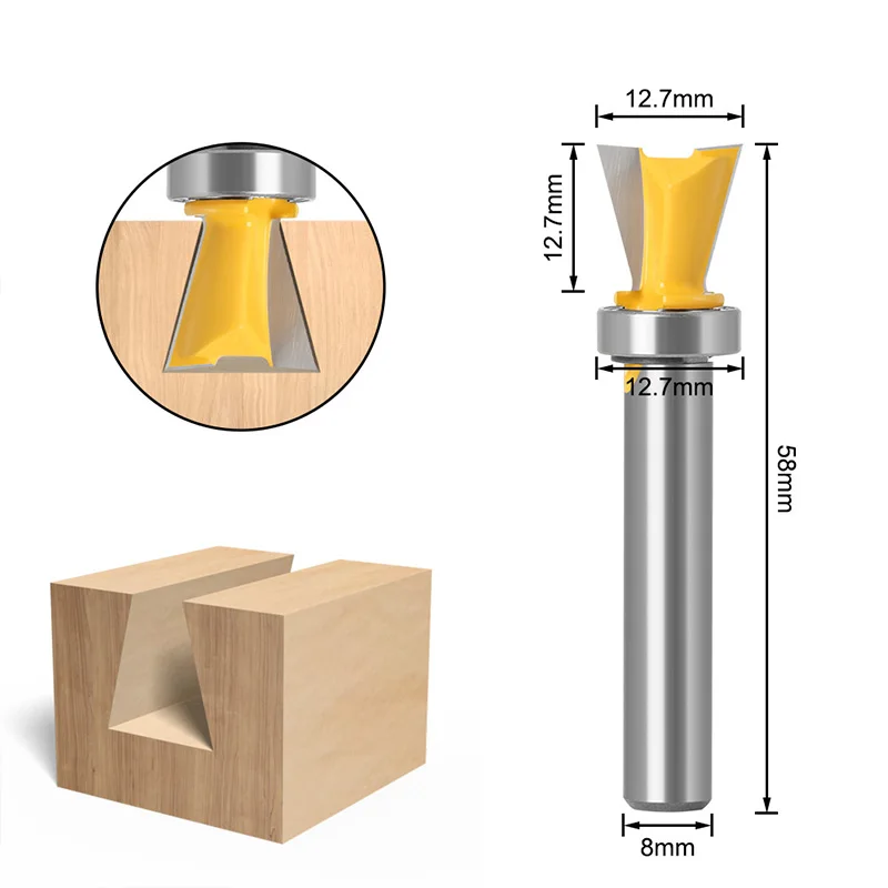 8mm Shank Copy Dovetail Woodworking Milling Cutter with Bearing Wooden Board Jigsaw Slotting Tenon Drill Bit Cutting Machine