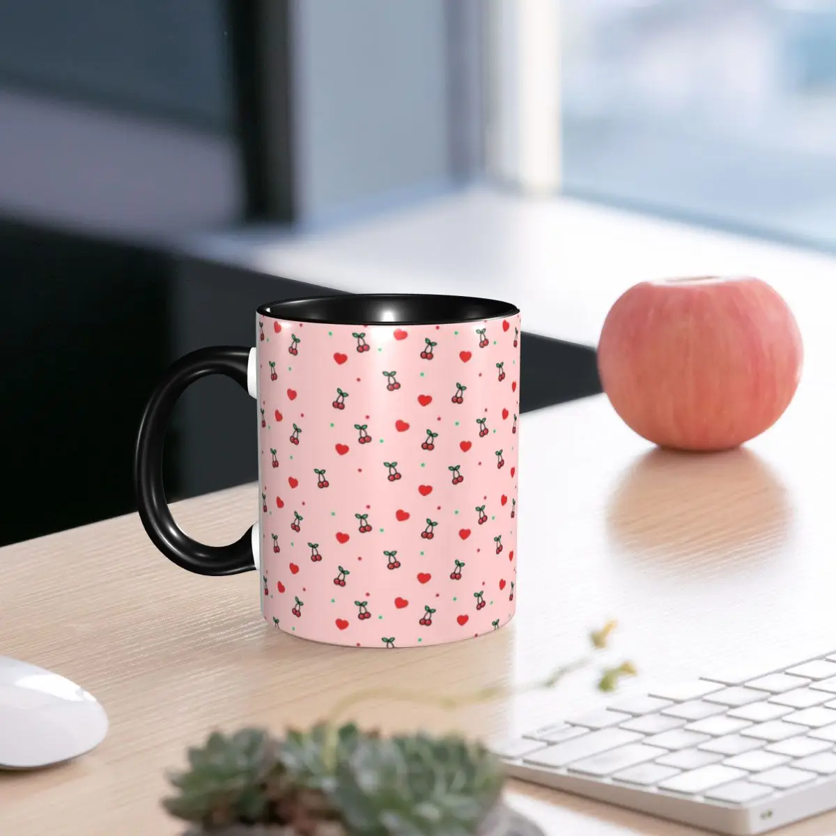 Cherry Heart Design Pattern With Pink Background Mug Funny Ceramic Coffee Cups Tea Mugs Milk Cup Drinkware Gifts for Friends