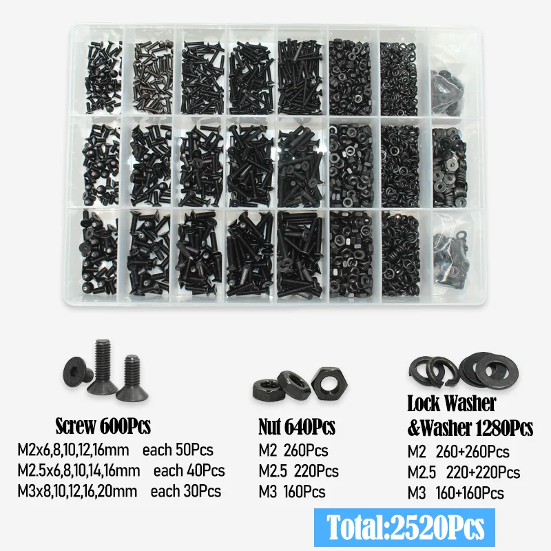 2520 Teile/satz M2 M2,5 M3 M4 M5 M6 Schwarz Grade 10,9 Stahl Sechskant Innensechskant Flache Senkkopf Inbus Bolzen Schraube Mutter Unterlegscheibe Kit – Detail 7