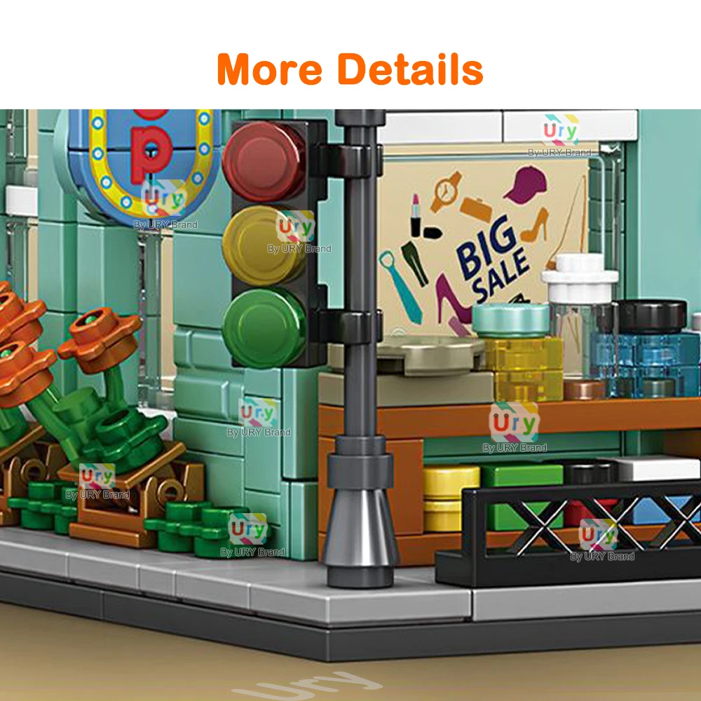 City Street View – centre commercial modulaire, coin de supermarché, dépanneur, maison de fleurs rétro, blocs de construction d'architecture MOC pour enfants