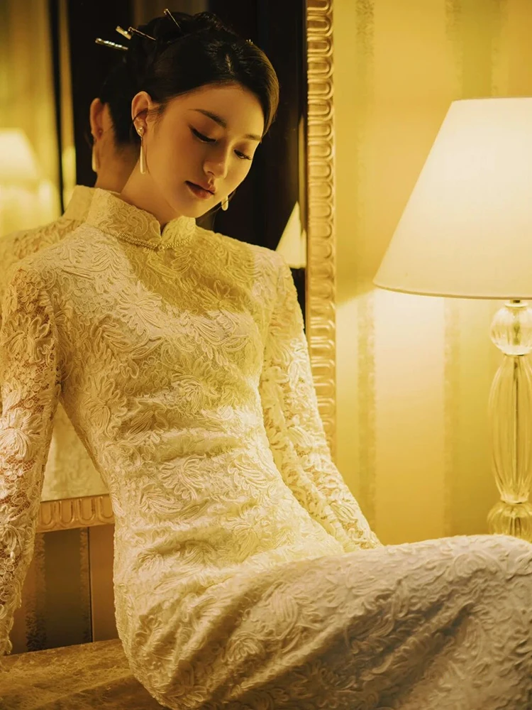 

Ретро-китайское кружевное платье-ципао с длинными рукавами для свадьбы, вечернего выхода, бала, выступлений, с эффектом «рыбий хвост», элегантное, модное