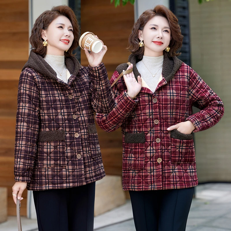 Thickened Fleece Lined Hooded Cotton Jacket for Mom Middle Aged And Elderly Women Winter Warm Casual Outerwear