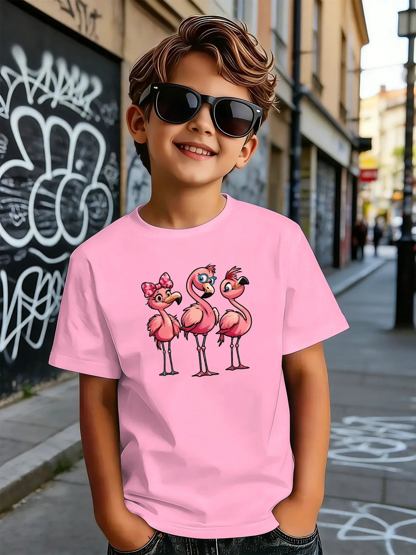 Cute Three Fashion Flamingos Cartoon Print Boys Girls Family Matching Cotton Short Sleeve Crew Neck Soft Summer Kids Casual Tees