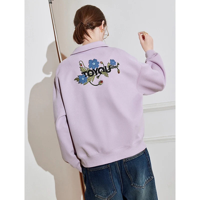 TOYOTUH Women Hoodies Sweatshirt 2025 Spring New Heavy Industry Flower Embroidered V POLO Collar Pullover Tops