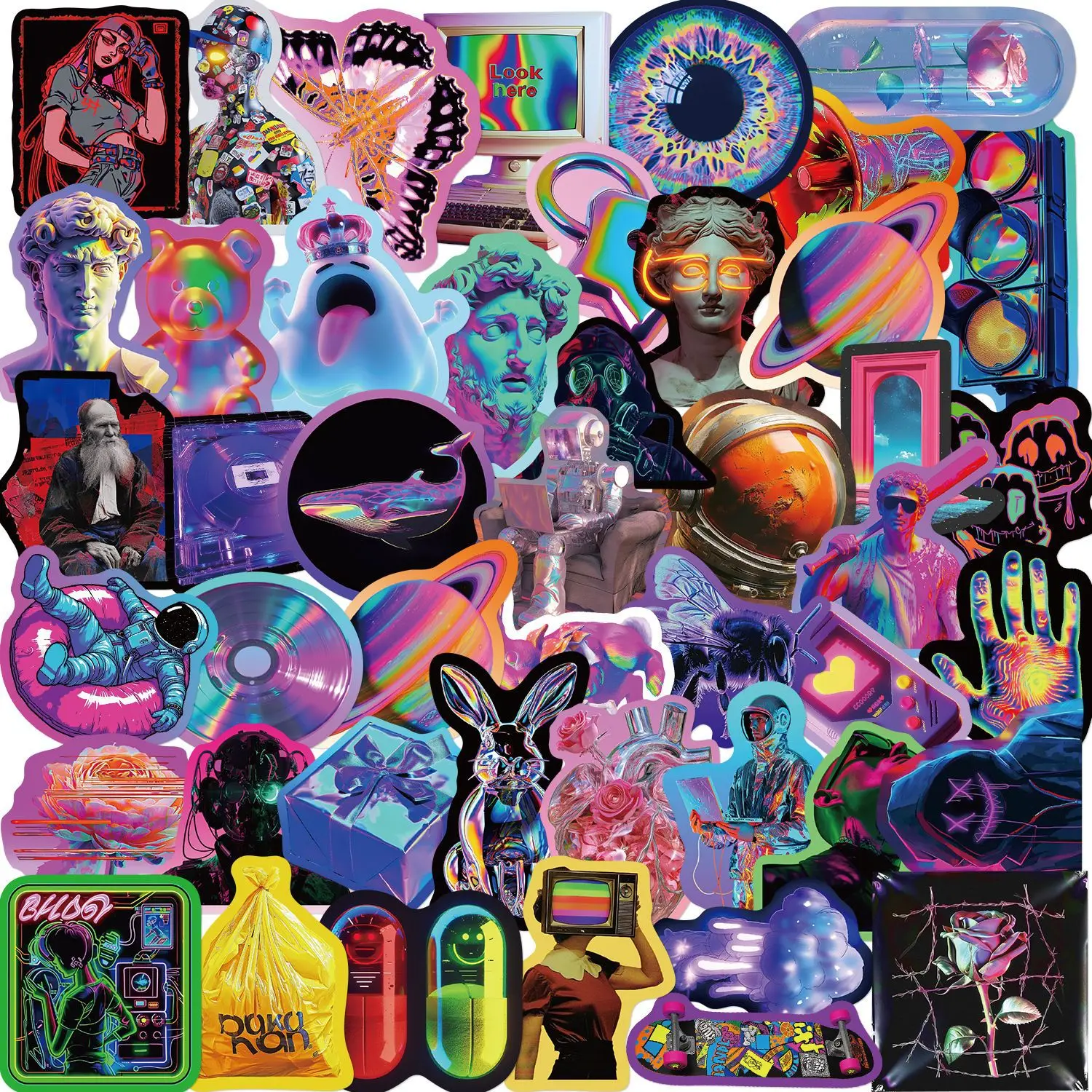 52PCS Color Neon Style Graffiti Stickers Cool Cartoon Decoration DIY Kids Toys Suitcase Fridge Laptop Guitar Car Bike Decals