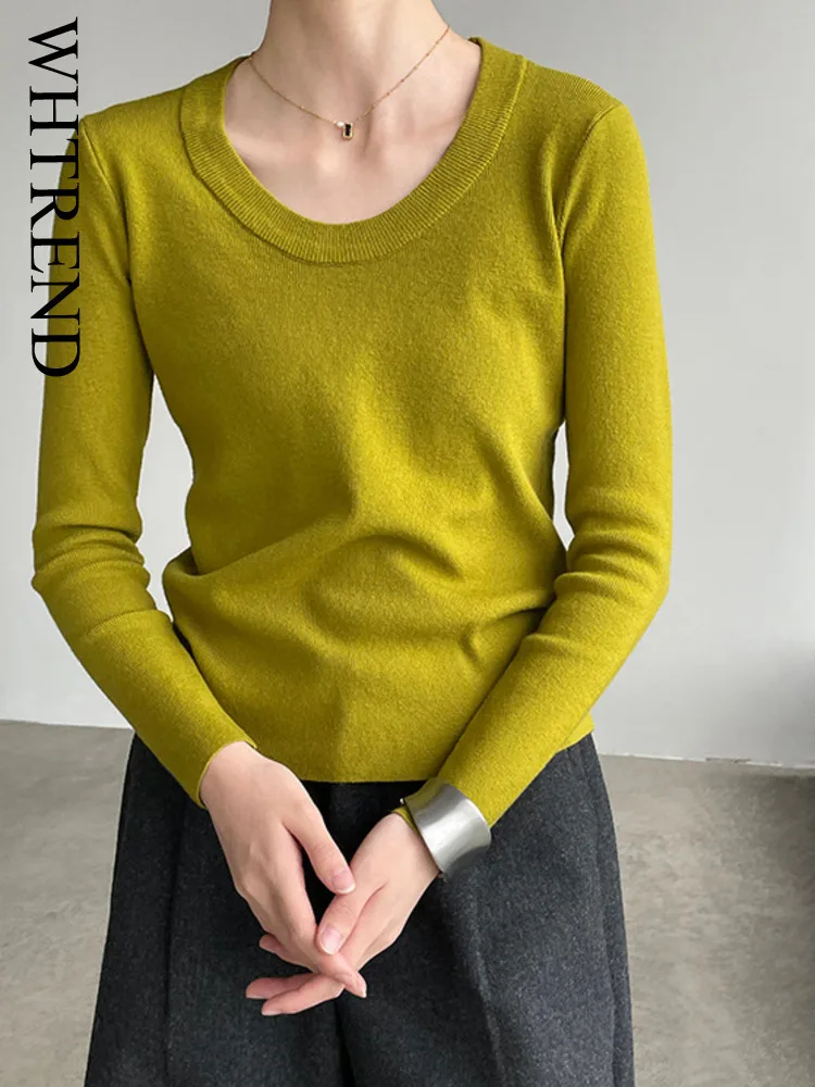 

WHTREND Утягивающая мягкая трикотажная базовая рубашка с U-образным вырезом и воротником для женщин, элегантная футболка с длинными рукавами, топ WH1773