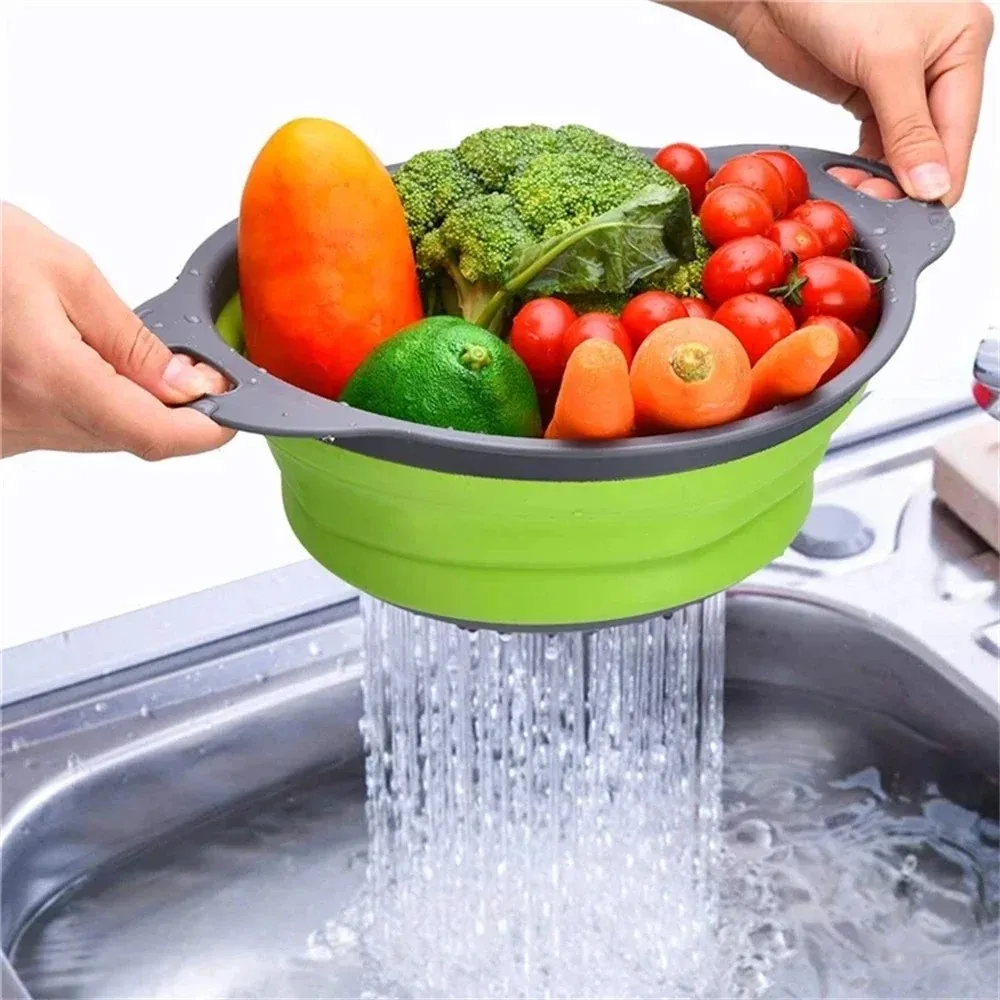 Collapsible Silicone Drain Basket, Folding Colander Strainer, Portable Fruits Vegetables Washing Drainer, Multifunctional Kitche
