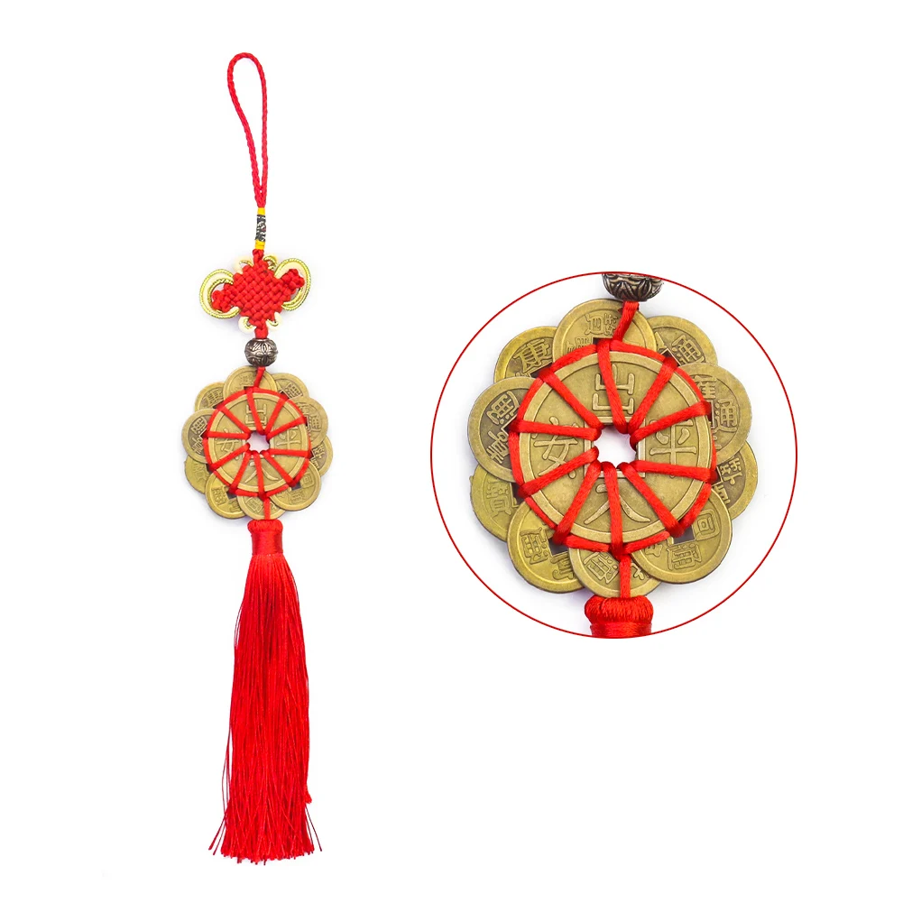 Handmade Weave Chinese Knot Tassels Ten Copper Coin Feng Shui Car Pendant Mascot Lucky Fortune Charm Dangle Party Hanging Decor