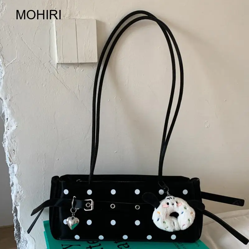 2026 Polka Dot Retro Underarm Bag Velvet Fabric Cylinder Shoulder Purse for Women Daily and Party Use