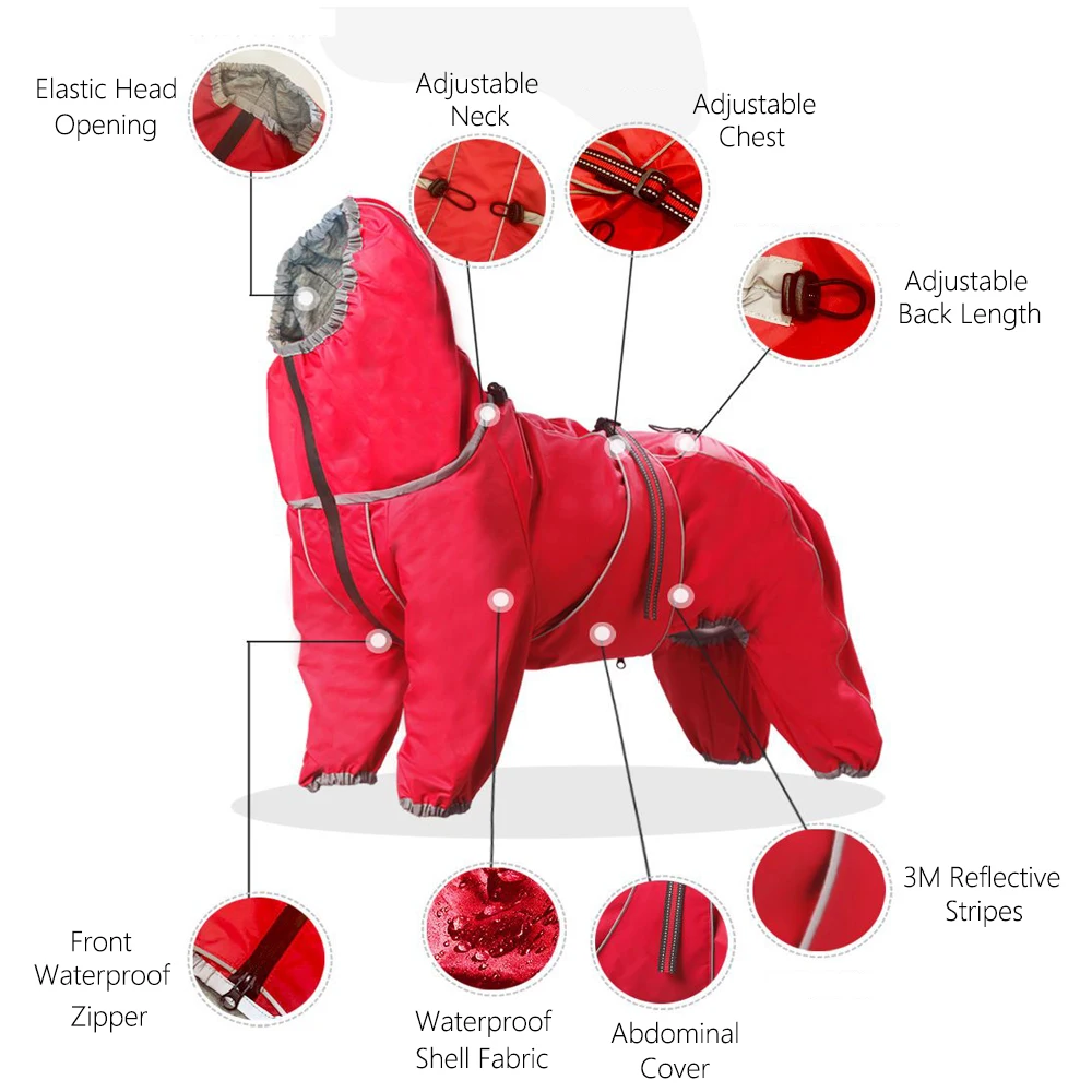 대형견용 부드러운 통기성 방설 비옷, 애완 동물 레인 재킷, 다리가 달린 안전 방수 야외 개 코트