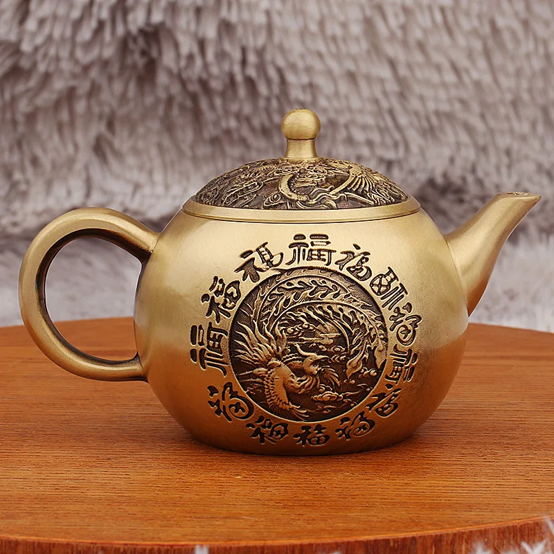 Brass Hundred Blessings Dragon and Phoenix Teapot New Chinese Style Home Tea Set Tea Ceremony
