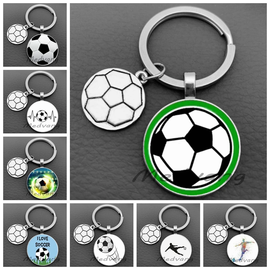 Charming football glass keychain football sports silhouette car men's key chain football fan sports souvenir jewelry