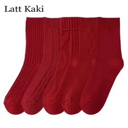 5 Pairs Per Lot Women's Socks Cotton Breathable Christmas New Year Red Socks For Girls Fashion Striped Casual Socks Winter Warm