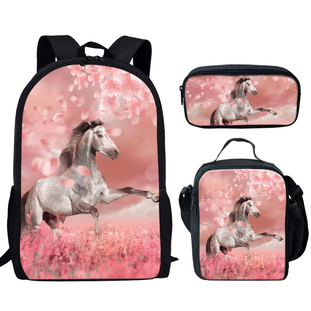 Running Wild Horse Pattern 3 Pcs School Bags Set for Teen Boys Girls School Bag Backpack Casual School Bag Lunch Bag Pencil Case