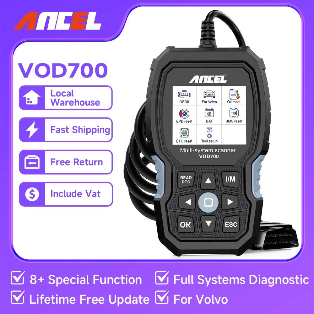 Ancel VOD700 OBD2 Automotive Scanner BMS Reset TPMS Reset D.P.F Reset for Volvo All System Car Diagnostic Tool OBD2 Scanner