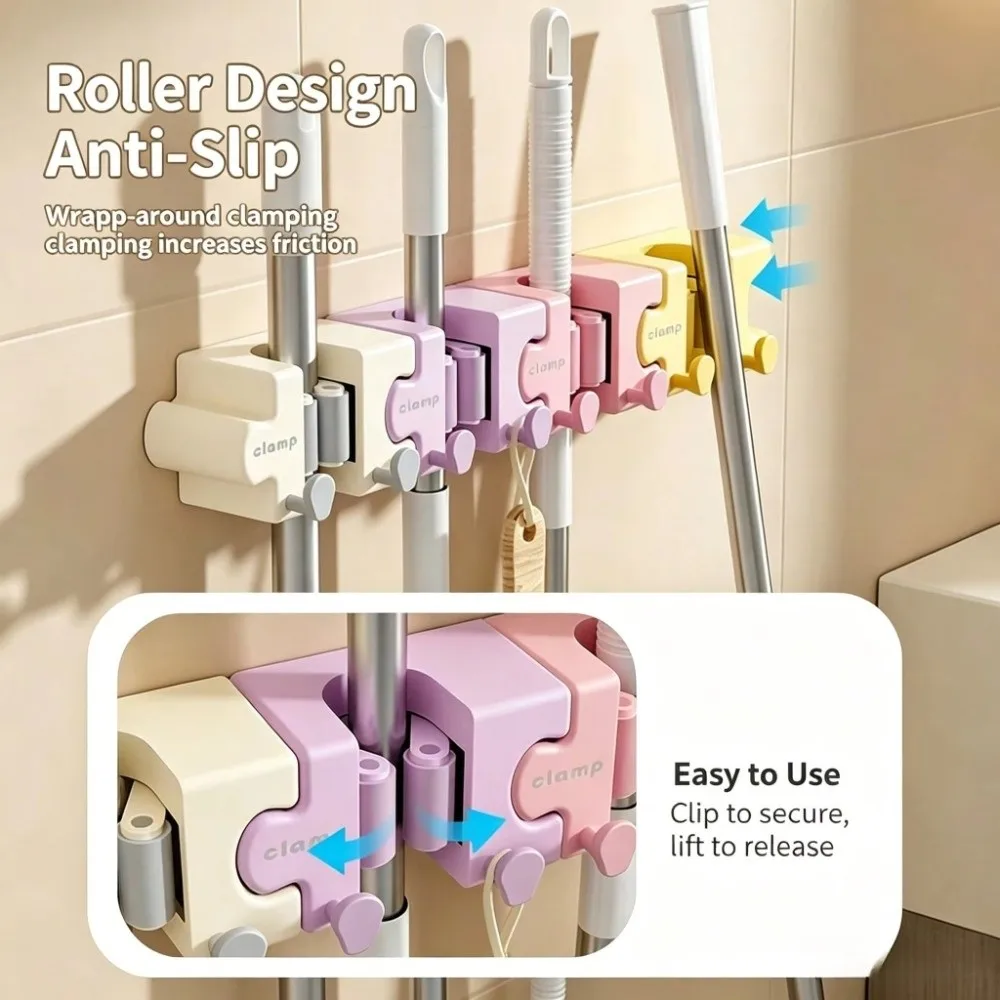Creative Macaron Mop Holder Puzzle Splicing Wall‑Mount Mop Clip with Hooks Self‑Adhesive Broom Storage Clip for Kitchen Bathroom