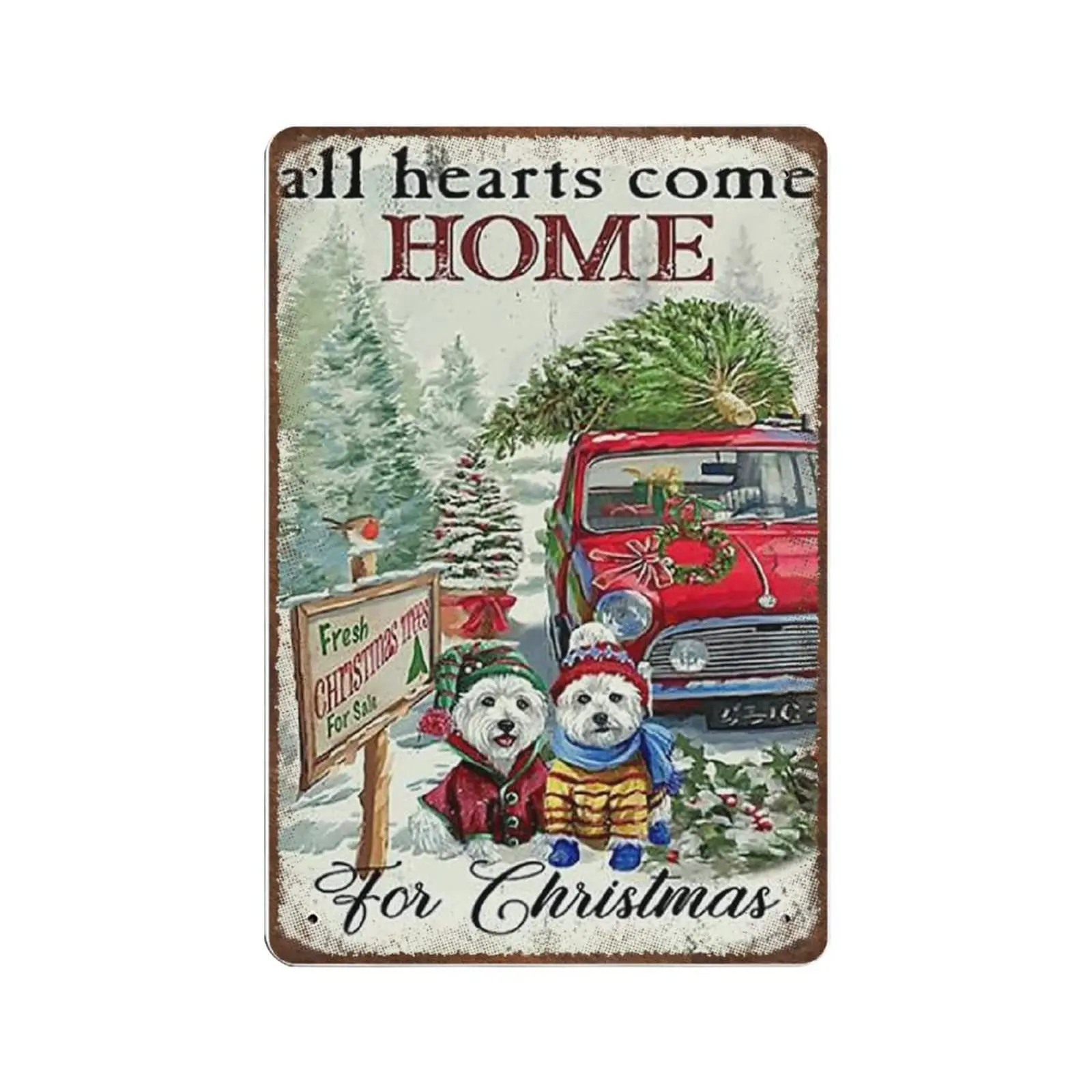 Durable Thick Collectable Metal Sign,Red Truck with Xmas Tree and German Shepherd Dog Christmas Tin Sign,Vintage Wall Decor，Nove