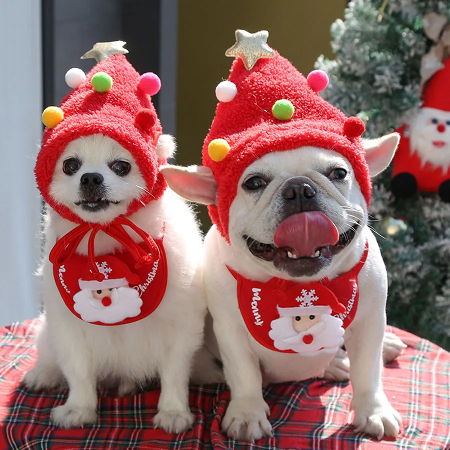 Weihnachts-Haustierhut-Lätzchen-Bandana-Set mit Weihnachtsmann-Elch-Muster und Ohrlöchern, weichem Stoff, in verschiedenen Farben und Stilen für Katzen- und Hunde-Feiertagsoutfit. – Detail 5