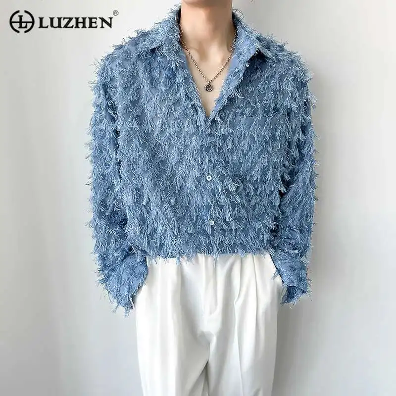 LUZHEN Sleeve Shirt Spring 2025 Trendy Men's Casual Long Solid Color Elegant Splicing Tassel Niche Design Fashion Tops 65aae1