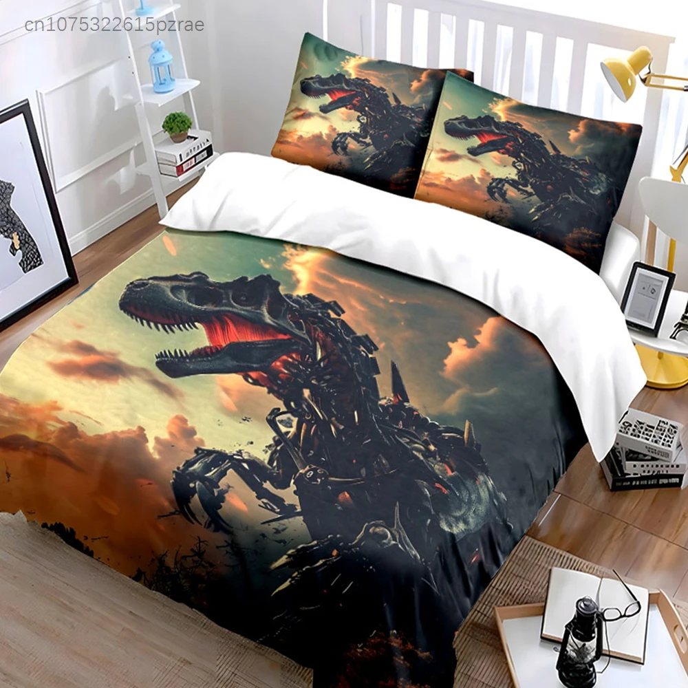 3Pcs Mechanical T-Rex Bedding Set, Cyborg Skeleton Dinosaur Print Duvet Cover, Post-Apocalyptic Tech Style