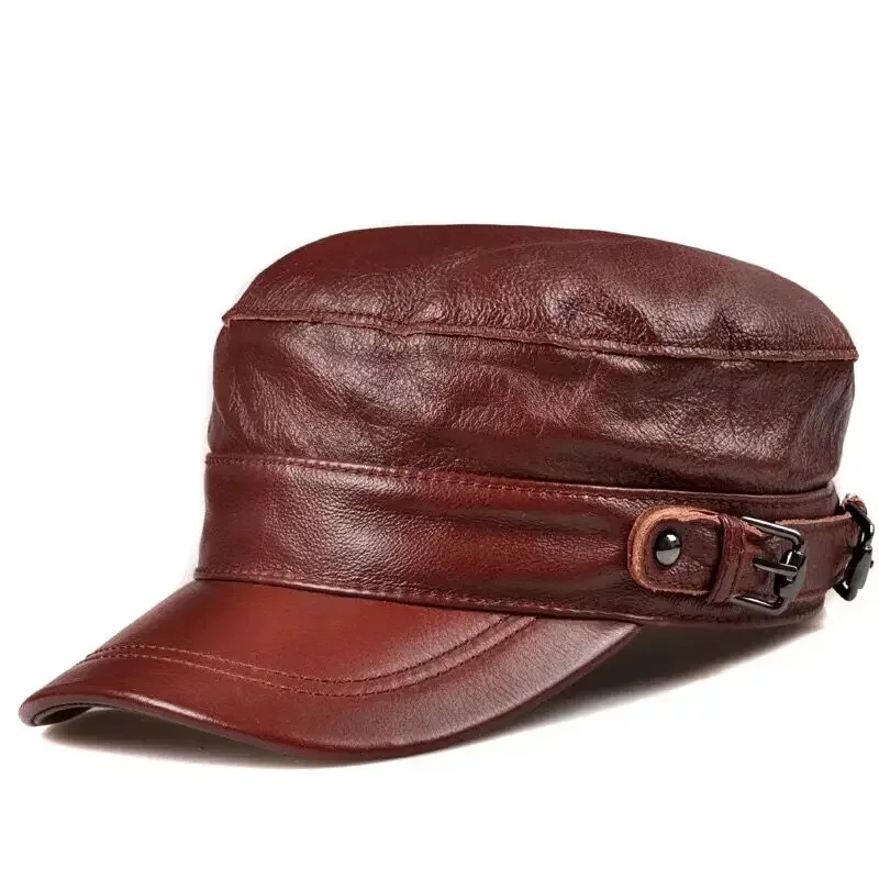 2025 Winter Men Genuine Leather Unisex Army Caps European/American Streetwear Baseball cap Fitted Black/Brown With Belt