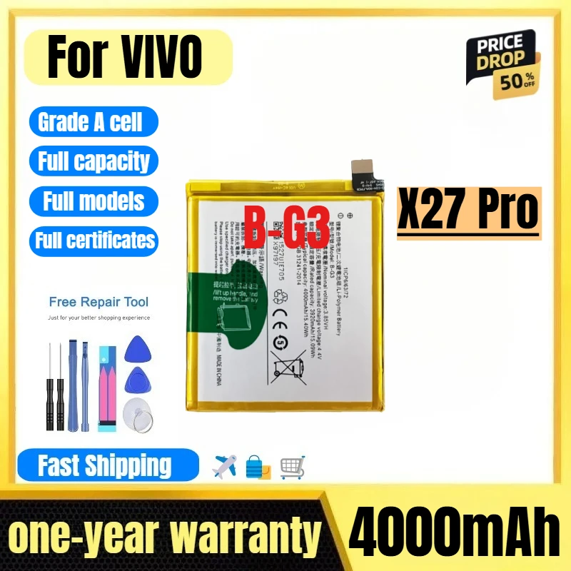 

B-G3 for VIVO X27 Pro Mobil Phone Battery 0 Cycle High Quality High Capacity Battery Replacement Bateria Grade A Cell with Tools