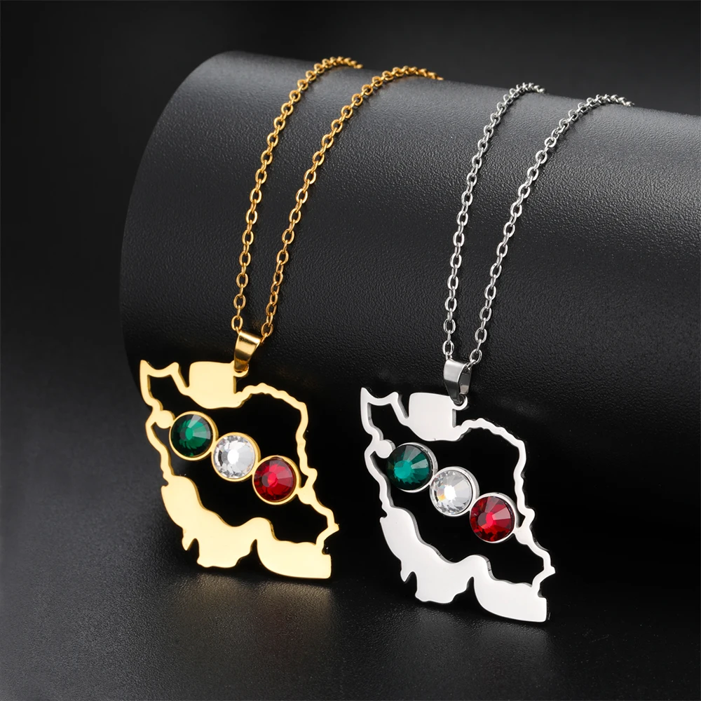 تصميم جديد لخريطة إيران قلادة من الفولاذ المقاوم للصدأ مع مجوهرات حجرية 3 ألوان للنساء والفتيات