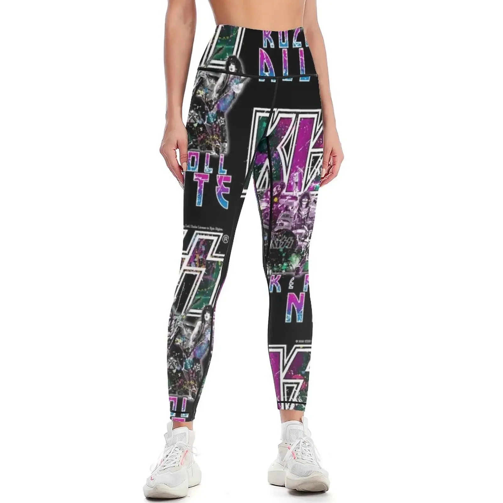 

Kiss Rock n Roll All Nite Vintage Retro Purple and BlueRock Leggings Pants sport gym wear Training pants Womens Leggings