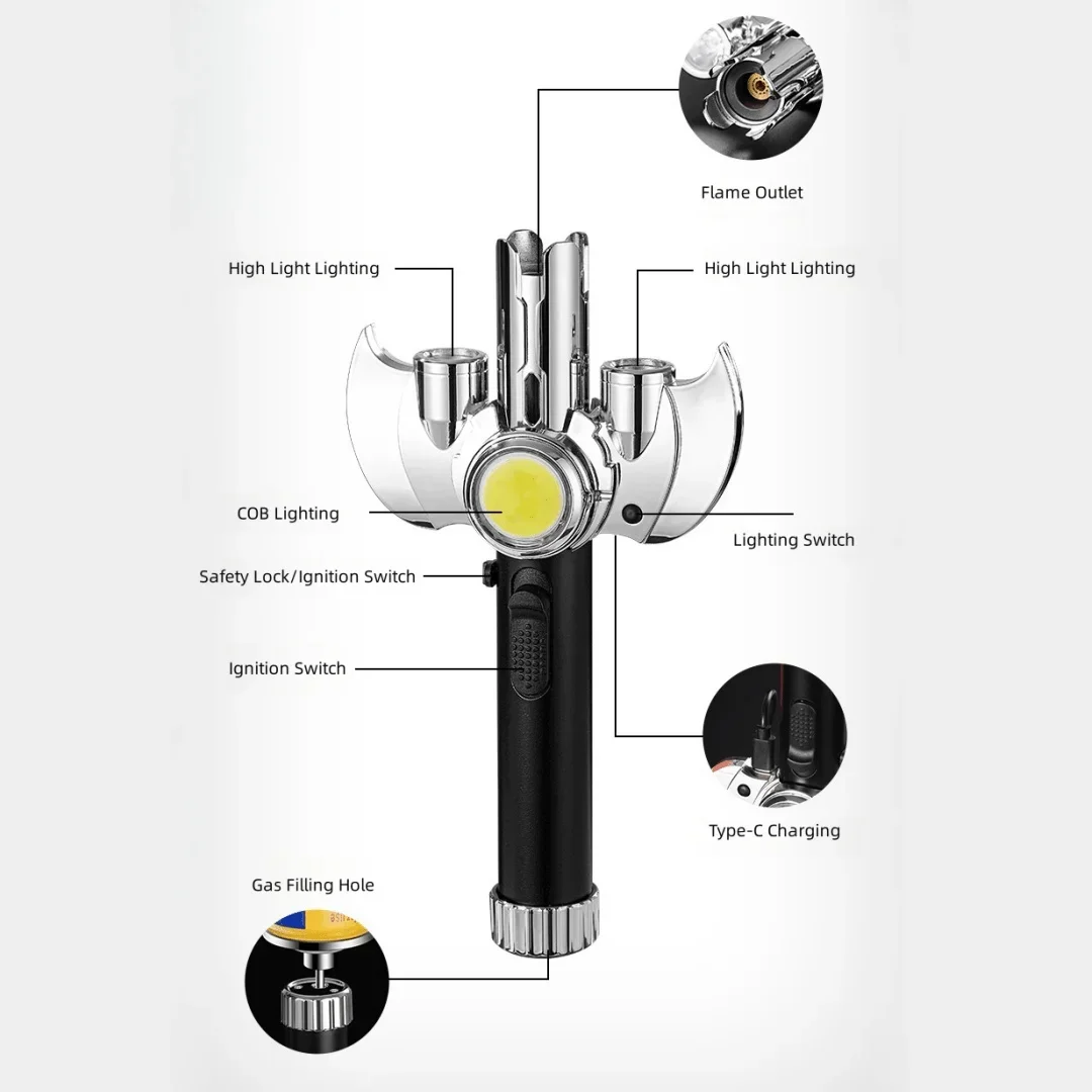 ولاعة غاز معدنية متعددة الأغراض على طراز السيف الضوئي، شعلة نفاثة قوية، ولاعة مقاومة للرياح في الهواء الطلق مع إضاءة COB #5
