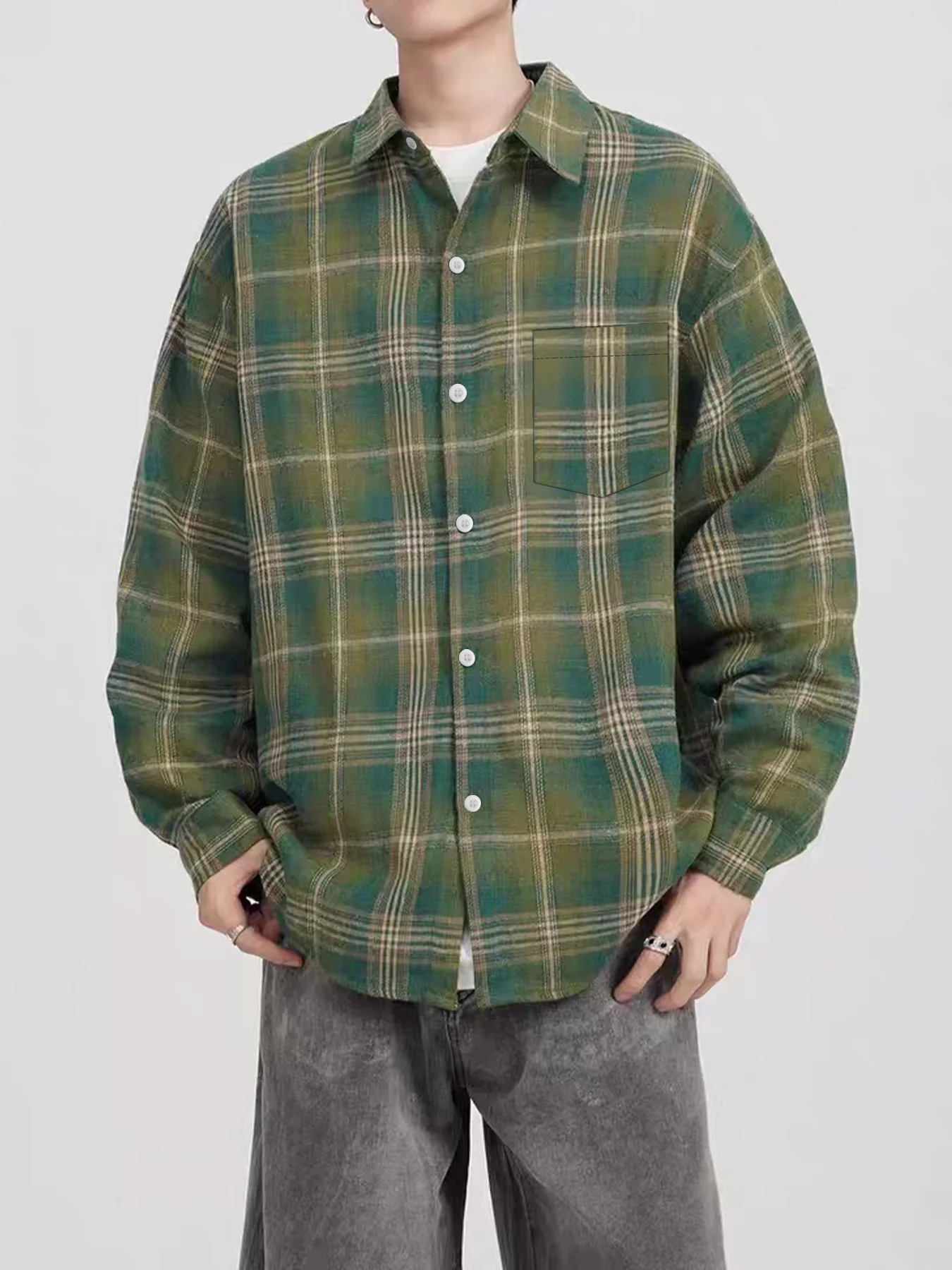 American-style autumn vintage men's shirt, new casual spring and autumn plaid trendy versatile long-sleeve shirt