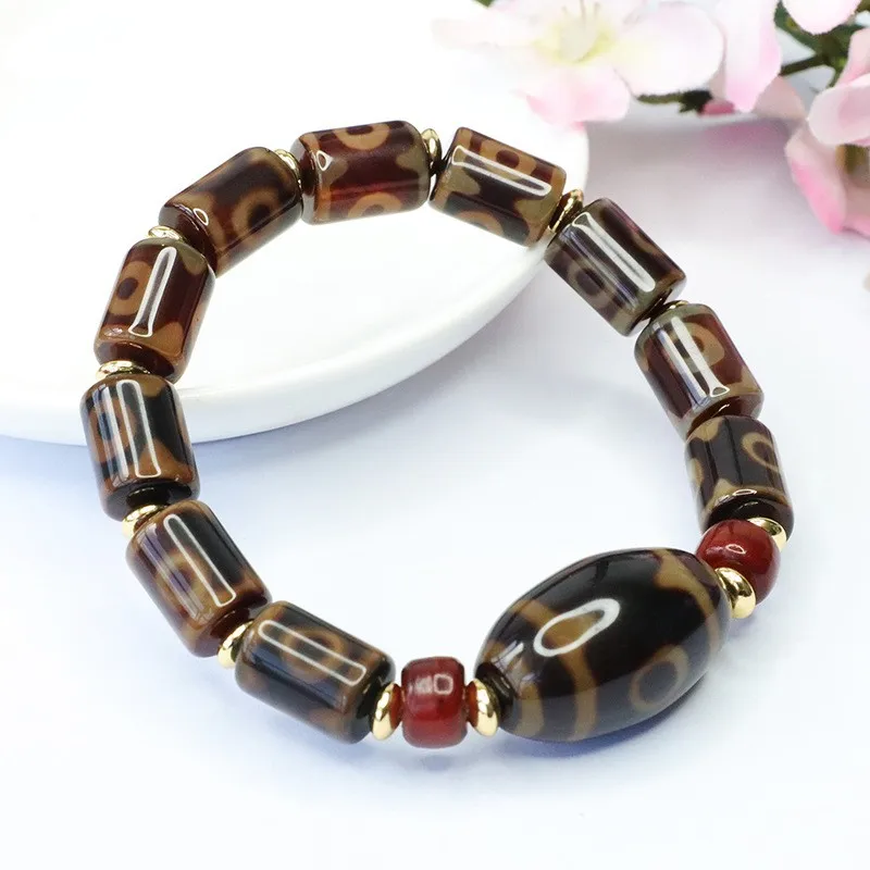 17mm Three Eye Dzi Bead Bracelet Agate Barrel Beads Ethnic Style Jewelry