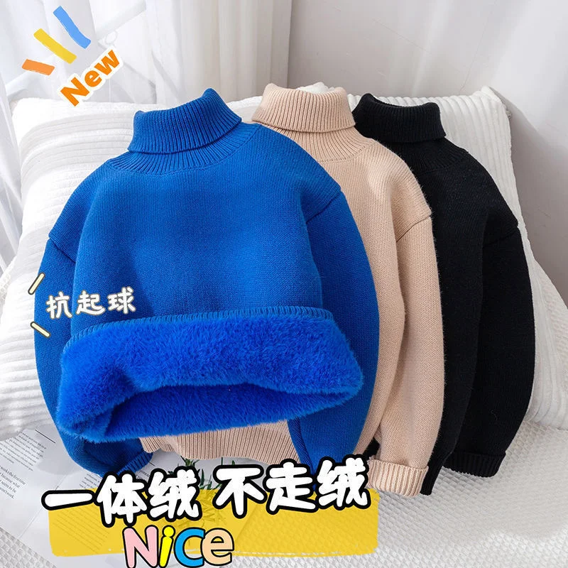 Children\'s Sweater Bottoming Shirt Autumn And Winter New One-Piece Fleece Thickened Sweater In Small Children High Collar Solid