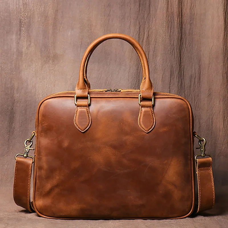 

Crazy Horse Leather Men Briefcase for Man Suitable Storing Documents 14 Messenger Bag Business Retro Brown Handbag