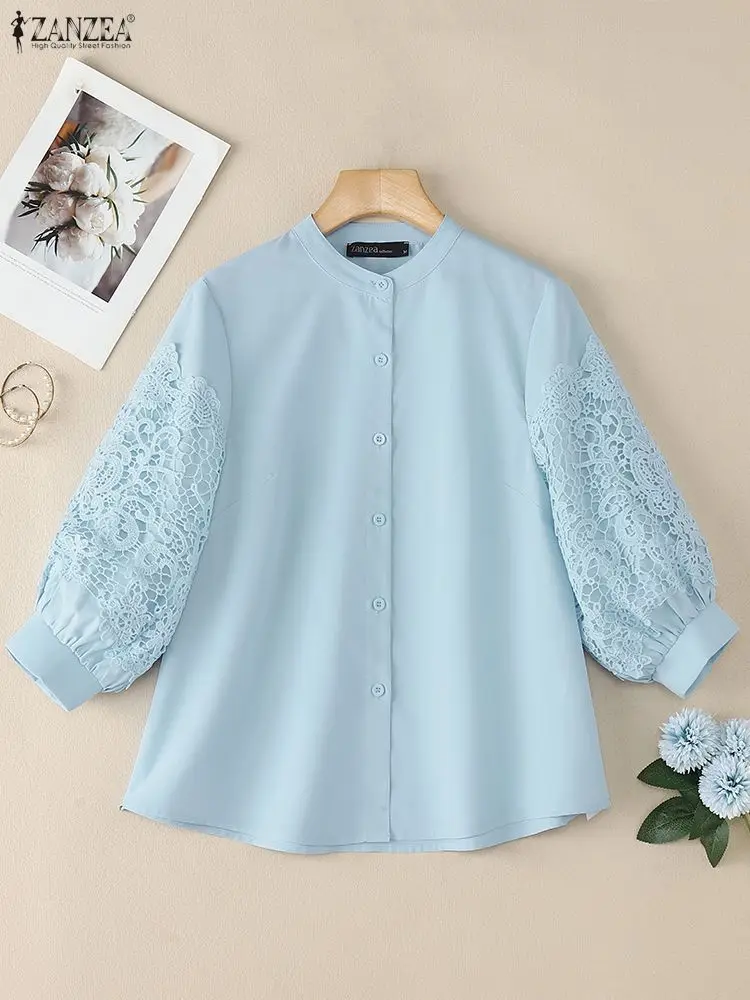 우아한 셔츠 ZANZEA 가을 레이스 패치워크 셔츠 여성 우아한 3/4 랜턴 슬리브 워크 블라우스 여름 탑 솔리드 버튼 블라우스