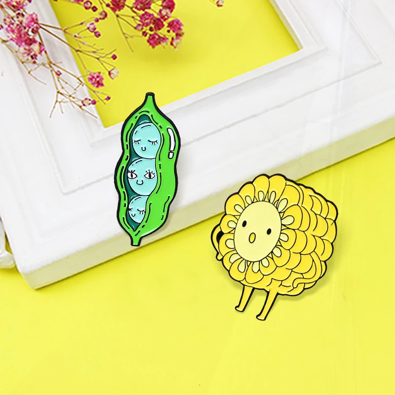 

beans Funny Vegetables Baby Pines Bag Clothes Lapel Jewelry Gift For Kids Green Peas Yellow Corn Enamel Brooch Sunflower Soya