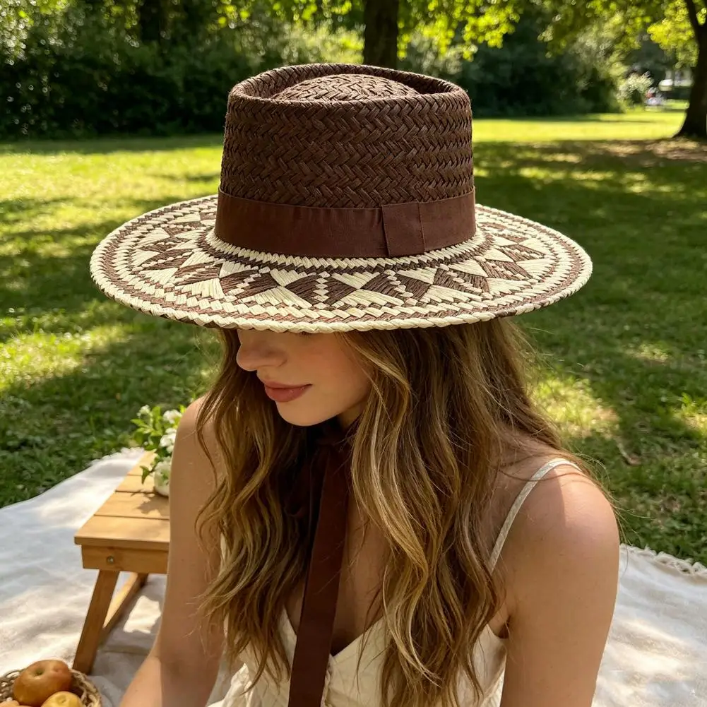 Ethnic Straw Sun Hat Geometric Sun Protection Hat Wide Brim Beach Hat for Women Holiday Picnic Camping